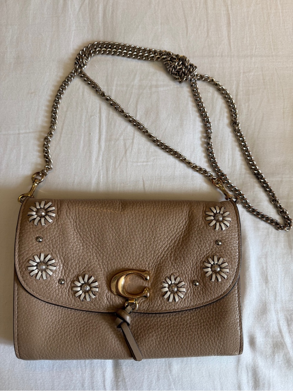 Coach Taupe Leather Floral-Stud Remi Chain Shoulder Bag